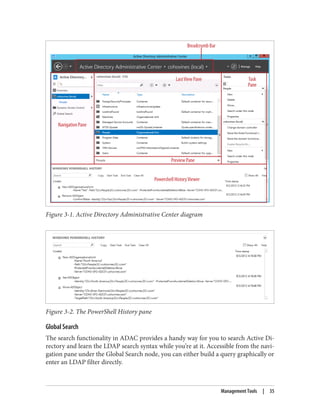 Figure 3-1. Active Directory Administrative Center diagram
Figure 3-2. The PowerShell History pane
Global Search
The search functionality in ADAC provides a handy way for you to search Active Di‐
rectory and learn the LDAP search syntax while you’re at it. Accessible from the navi‐
gation pane under the Global Search node, you can either build a query graphically or
enter an LDAP filter directly.
Management Tools | 35
 