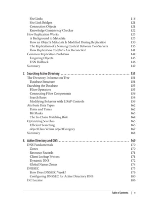 Site Links 116
Site Link Bridges 121
Connection Objects 121
Knowledge Consistency Checker 122
How Replication Works 123
A Background to Metadata 123
How an Object’s Metadata Is Modified During Replication 130
The Replication of a Naming Context Between Two Servers 135
How Replication Conflicts Are Reconciled 141
Common Replication Problems 144
Lingering Objects 145
USN Rollback 146
Summary 149
7. Searching Active Directory. . . . . . . . . . . . . . . . . . . . . . . . . . . . . . . . . . . . . . . . . . . . . . . . . . 151
The Directory Information Tree 151
Database Structure 151
Searching the Database 155
Filter Operators 155
Connecting Filter Components 156
Search Bases 158
Modifying Behavior with LDAP Controls 159
Attribute Data Types 162
Dates and Times 162
Bit Masks 163
The In-Chain Matching Rule 164
Optimizing Searches 165
Efficient Searching 165
objectClass Versus objectCategory 167
Summary 168
8. Active Directory and DNS. . . . . . . . . . . . . . . . . . . . . . . . . . . . . . . . . . . . . . . . . . . . . . . . . . . 169
DNS Fundamentals 170
Zones 170
Resource Records 171
Client Lookup Process 171
Dynamic DNS 172
Global Names Zones 174
DNSSEC 175
How Does DNSSEC Work? 176
Configuring DNSSEC for Active Directory DNS 180
DC Locator 186
Table of Contents | v
 