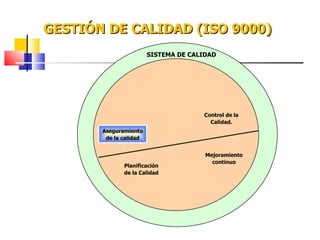 GESTIÓN DE CALIDAD (ISO 9000) SISTEMA DE CALIDAD Aseguramiento de la calidad Control de la Calidad. Planificación de la Calidad Mejoramiento continuo 