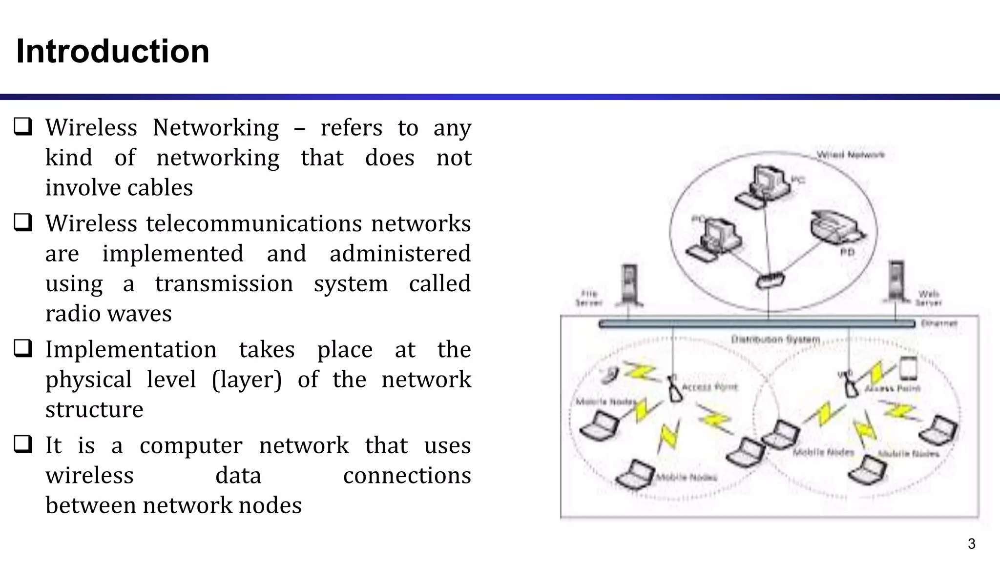 Introduction
 Wireless Networking – refers to any
kind of networking that does not
involve cables
 Wireless telecommunications networks
are implemented and administered
using a transmission system called
radio waves
 Implementation takes place at the
physical level (layer) of the network
structure
 It is a computer network that uses
wireless data connections
between network nodes
3
 