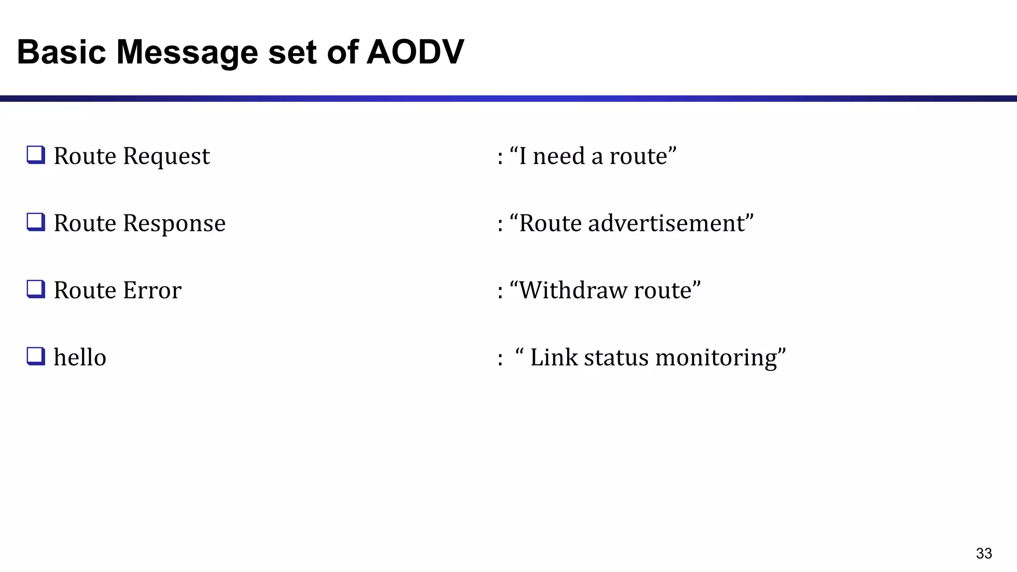 Basic Message set of AODV
 Route Request : “I need a route”
 Route Response : “Route advertisement”
 Route Error : “Withdraw route”
 hello : “ Link status monitoring”
33
 