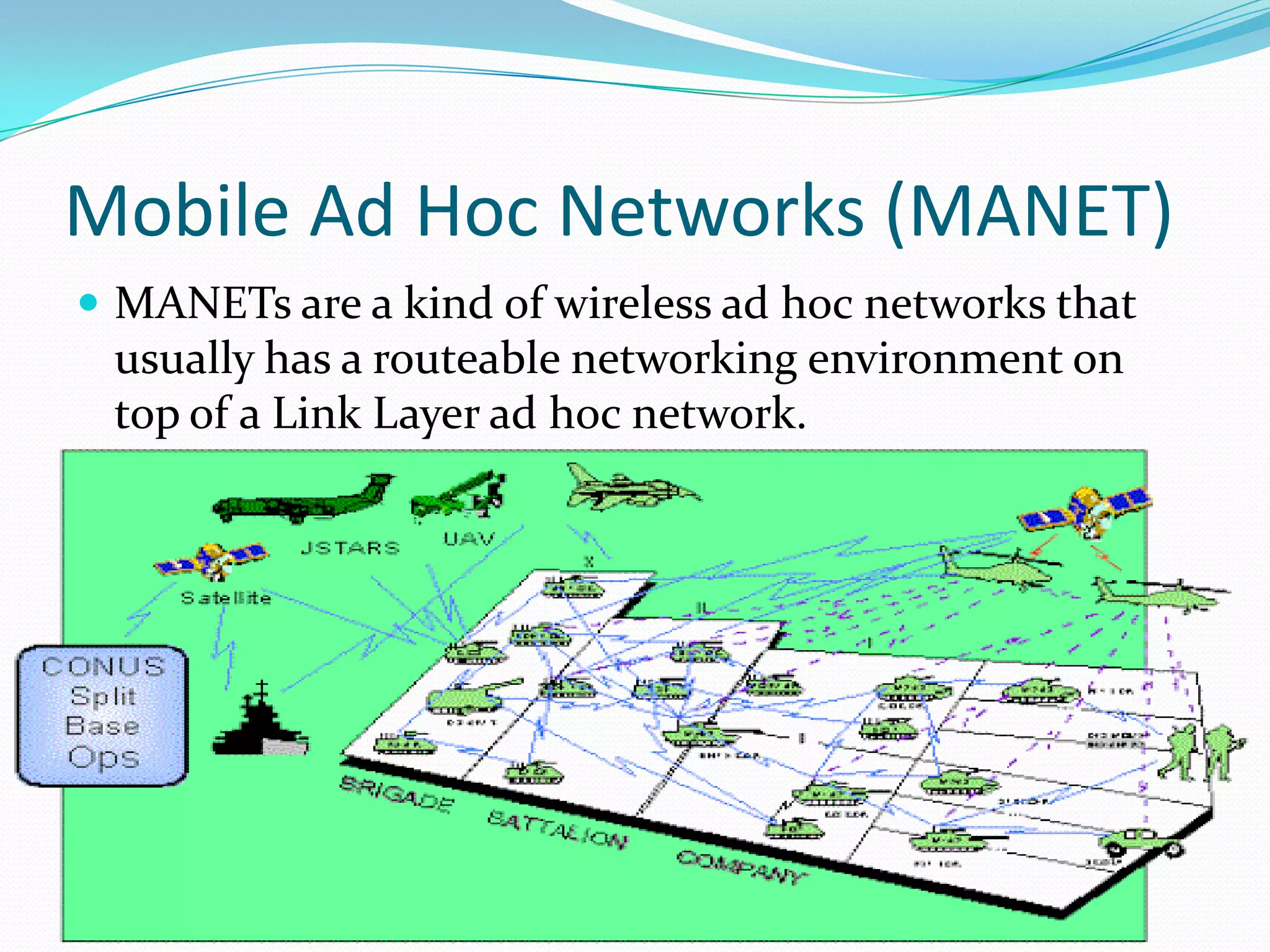 Mobile Ad Hoc Networks (MANET)
 MANETs are a kind of wireless ad hoc networks that

usually has a routeable networking environment on
top of a Link Layer ad hoc network.

 