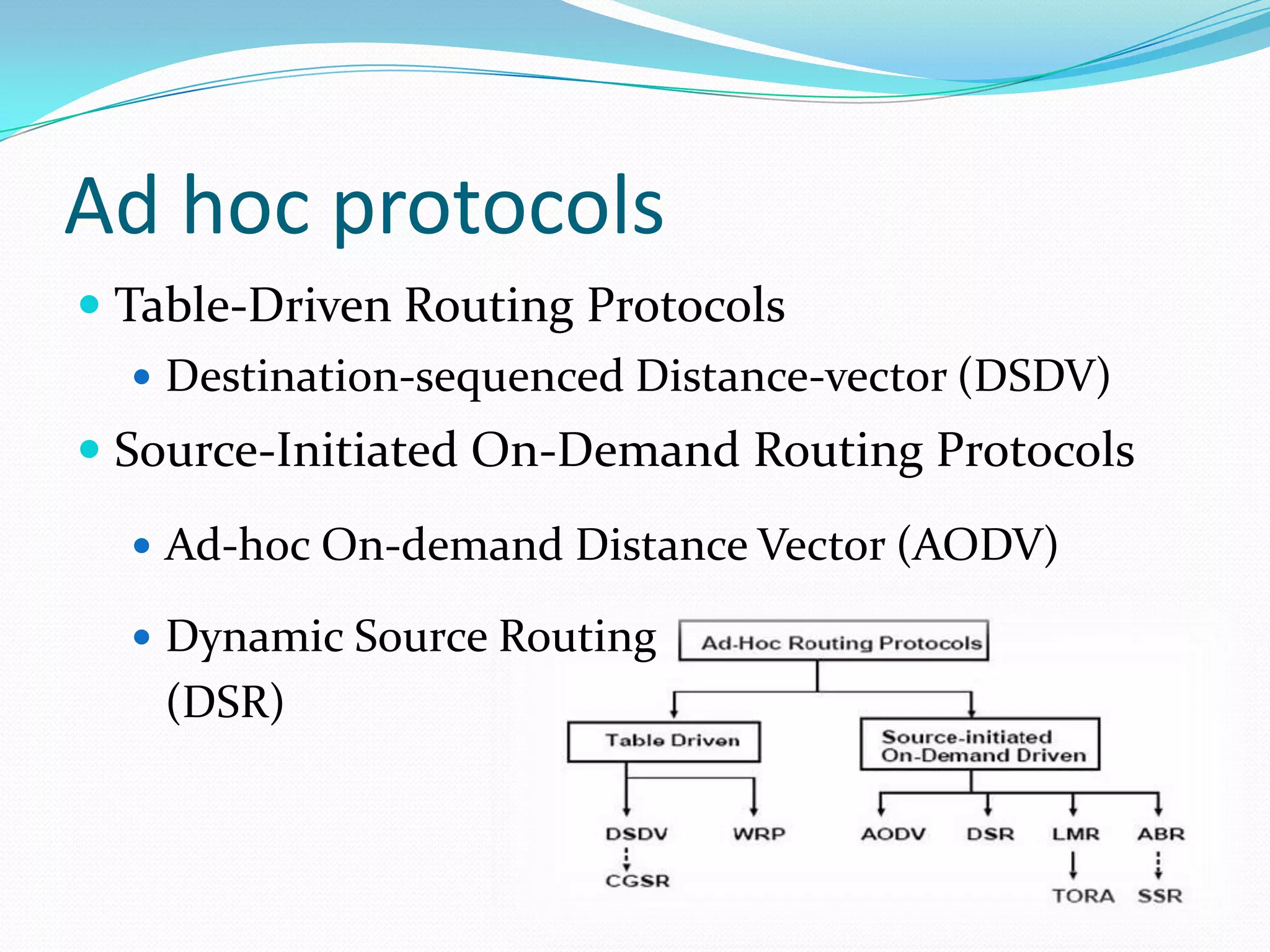 Ad hoc protocols
 Table-Driven Routing Protocols
 Destination-sequenced Distance-vector (DSDV)
 Source-Initiated On-Demand Routing Protocols
 Ad-hoc On-demand Distance Vector (AODV)
 Dynamic Source Routing

(DSR)

 