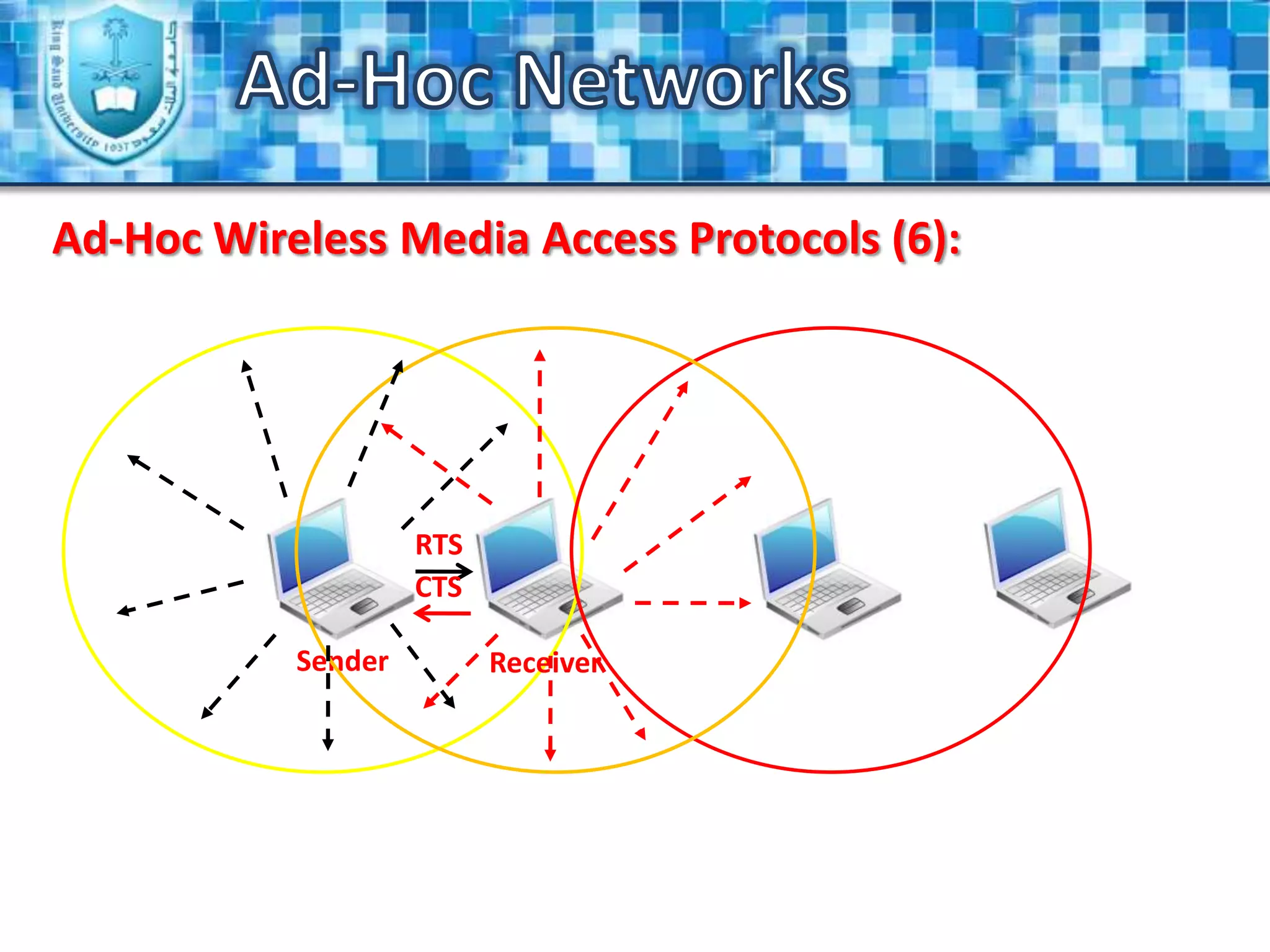 It is suitable for military communications at battlefield where there is no network infrastructure.Ad-Hoc NetworksCellular VS Ad-Hoc Networks:Infrastructure networks. 