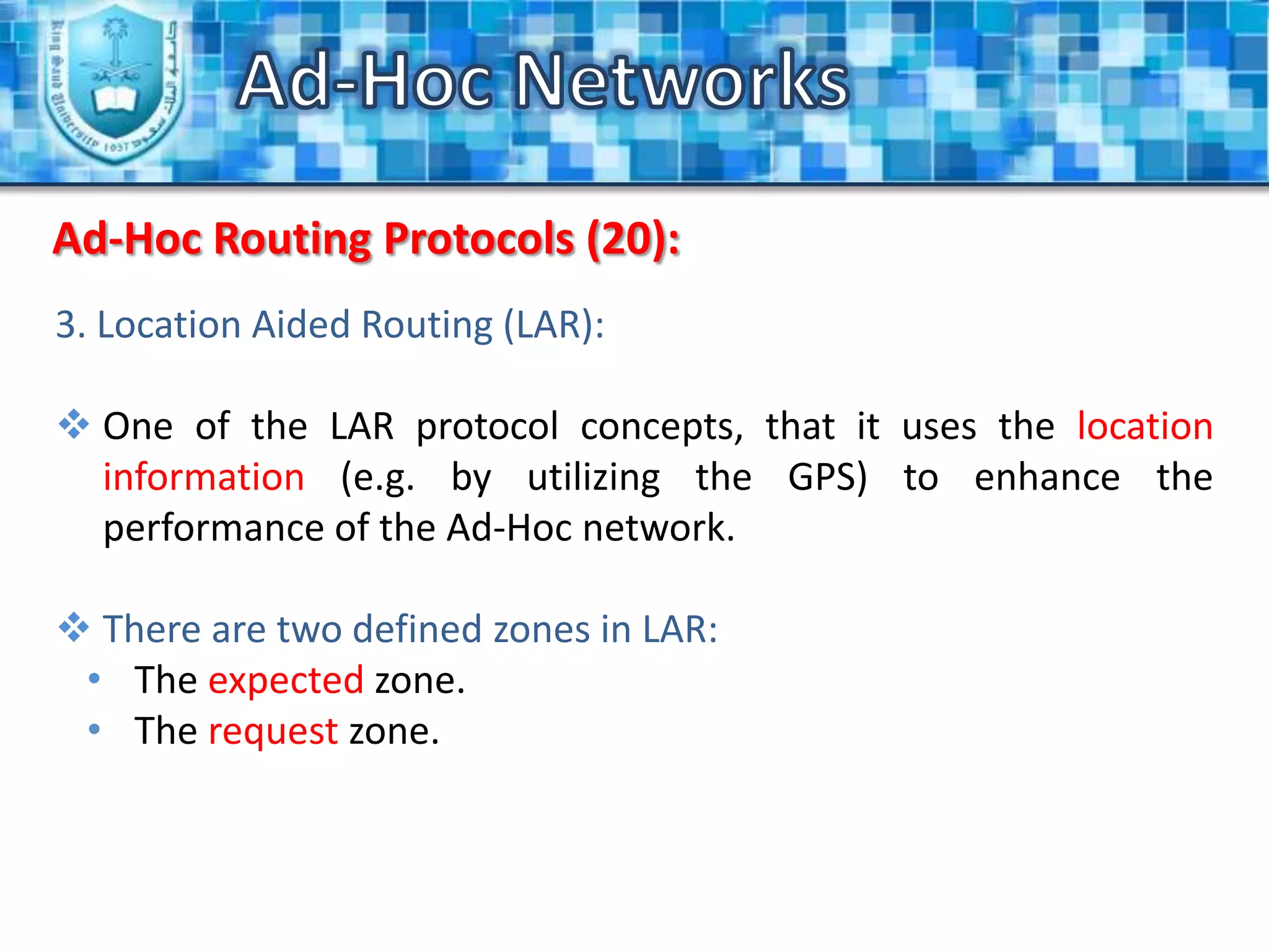 Ad-Hoc NetworksTechnical Challenges and Issues (6):Exposed-node problem:BlockedBy TheTransmitterTransmitterExposed NodeReceiver