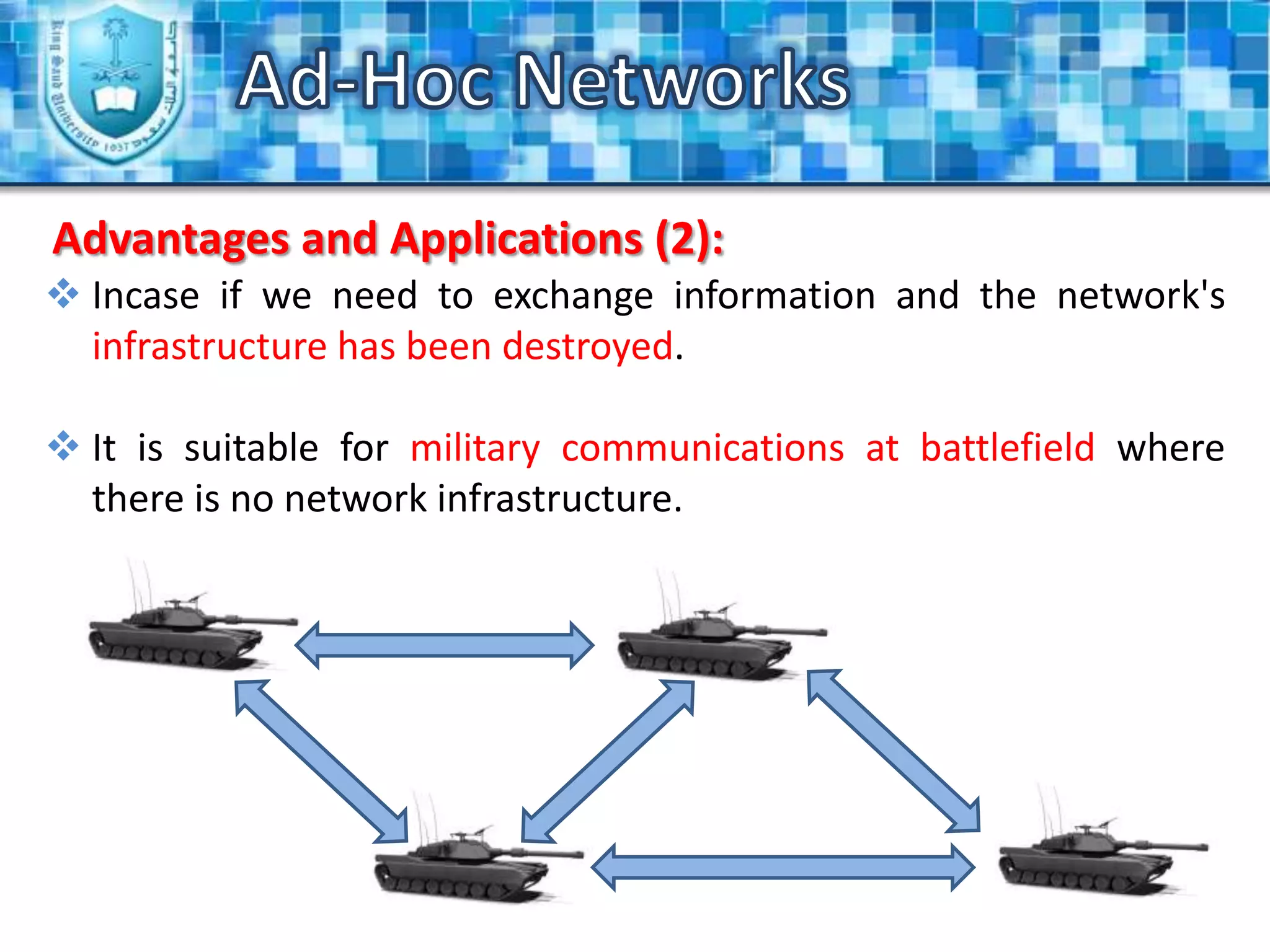Providing Quality of Service in Ad-Hoc Networks.Ad-Hoc NetworksIntroduction (1):Multi-hop Wireless Networks (MHWNs): It is defined as a collection of nodes that communicate with each other wirelessly by using radio signals with a shared common channel.HopPath, chain or routeSwitching UnitHost