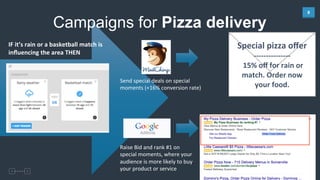 8	
  
Campaigns for Pizza delivery
Special	
  pizza	
  oﬀer	
  
-­‐-­‐-­‐-­‐-­‐-­‐-­‐-­‐-­‐-­‐-­‐-­‐-­‐-­‐-­‐	
  
	
  15%	
  oﬀ	
  for	
  rain	
  or	
  
match.	
  Order	
  now	
  
your	
  food.	
  
Send	
  special	
  deals	
  on	
  special	
  
moments	
  (+16%	
  conversion	
  rate)	
  
Raise	
  Bid	
  and	
  rank	
  #1	
  on	
  
special	
  moments,	
  where	
  your	
  
audience	
  is	
  more	
  likely	
  to	
  buy	
  
your	
  product	
  or	
  service	
  
IF	
  it’s	
  rain	
  or	
  a	
  basketball	
  match	
  is	
  
inﬂuencing	
  the	
  area	
  THEN	
  
 