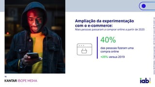 Ampliação da experimentação
com o e-commerce:
Mais pessoas passaram a comprar online a partir de 2020
40%
das pessoas fize...