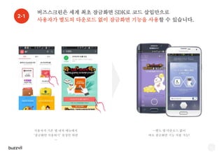 17
2-2
사용자 접점을 잠금화면으로 끌어내어 Engagement를 높이고,
광고를 통한 추가 수익을 창출해 주는 잠금화면 토탈 솔루션 입니다.
[ 푸시보다 강력한 마케팅 툴, 잠금화면 ] [ 광고 수익을 위한 최적의 인벤토리, 잠금화면 ]
“푸시에 대한 사용자들의 거부감은 커지고
어떻게 사용자들에게 우리의 매력적인 제안을 알리지?”
“낮은 수익률의 배너광고
더 높은 수익을 창출할 방법은?”
사용자들의 거부감을 낮춘 자연스런 메시지 노출 및
전면 알림으로 사용자 Engagement 제고
배너광고 대비 더 높은 광고 노출량 및 3~5배 높은 광고 수익
 