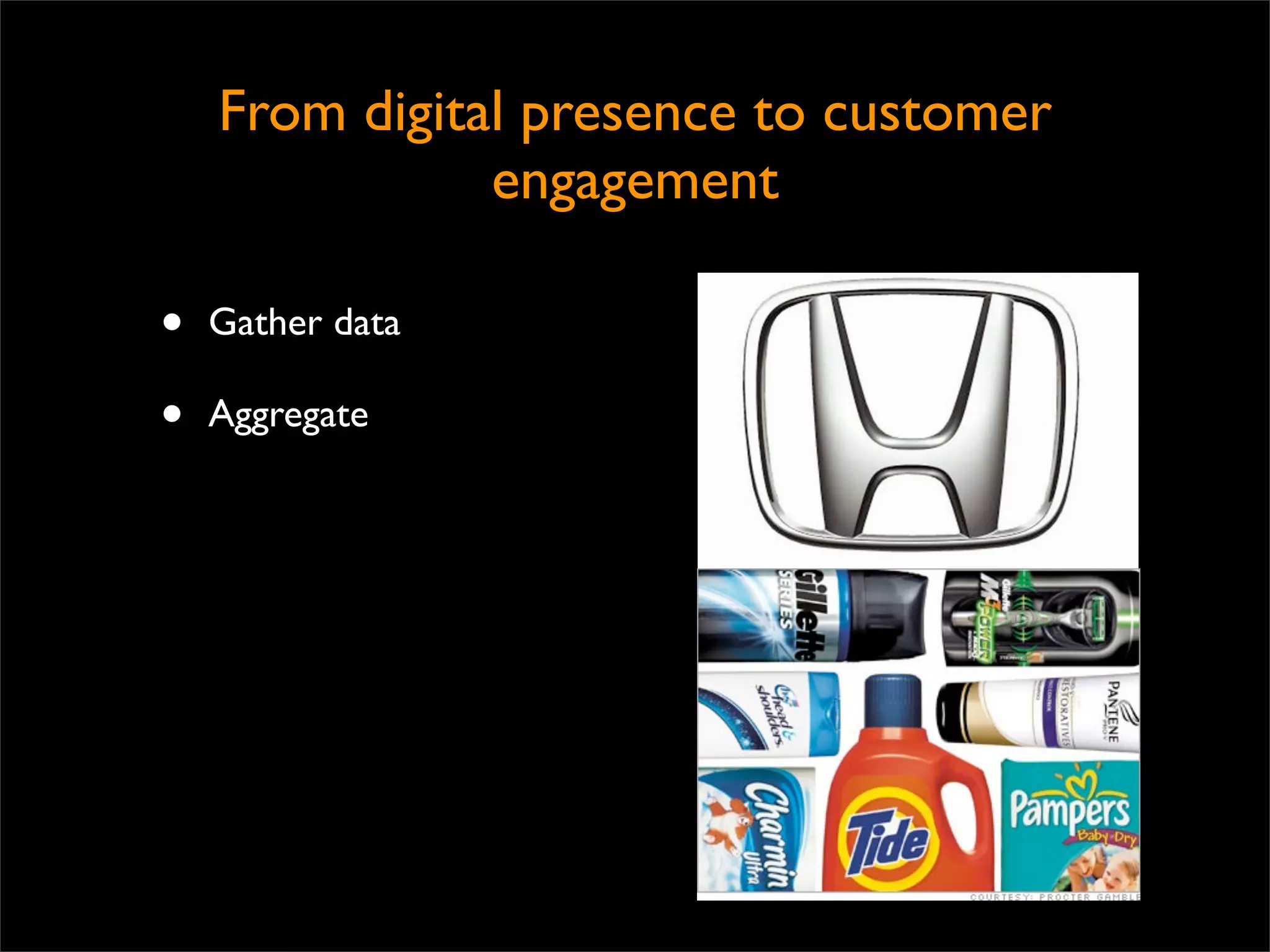 From digital presence to customer
               engagement

•   Gather data

•   Aggregate
 