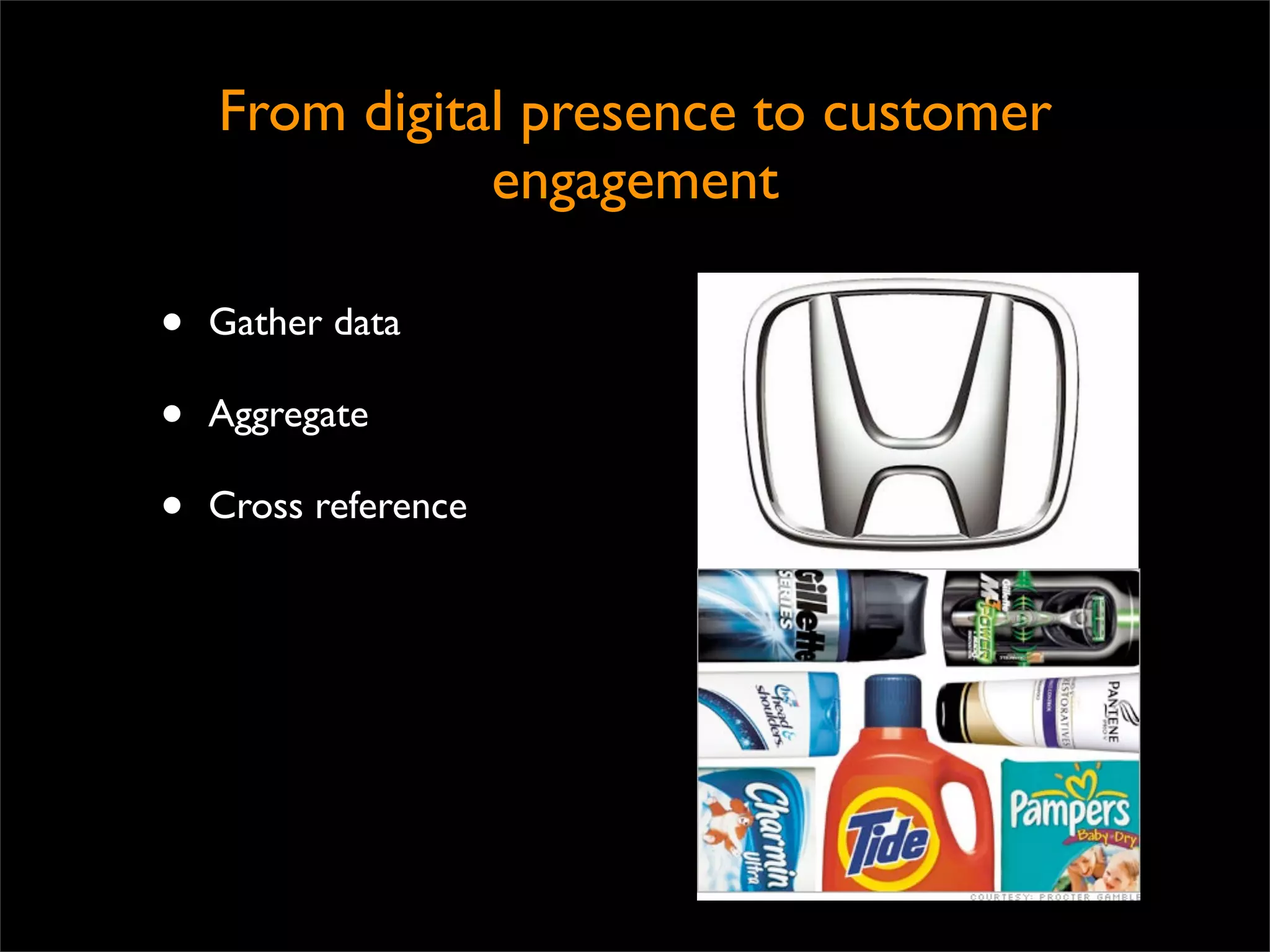 From digital presence to customer
               engagement

•   Gather data

•   Aggregate

•   Cross reference
 