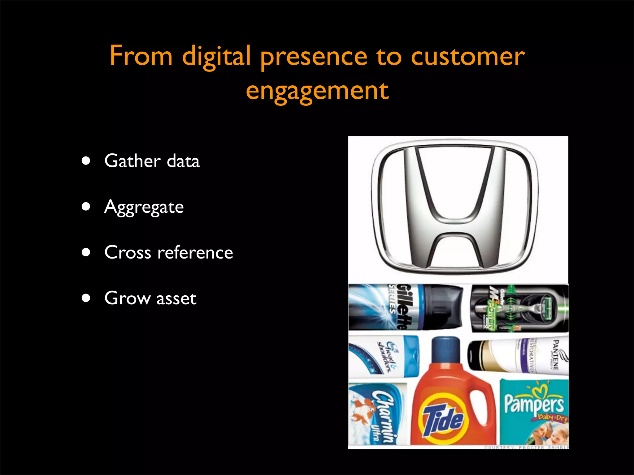 From digital presence to customer
               engagement

•   Gather data

•   Aggregate

•   Cross reference

•   Grow asset
 
