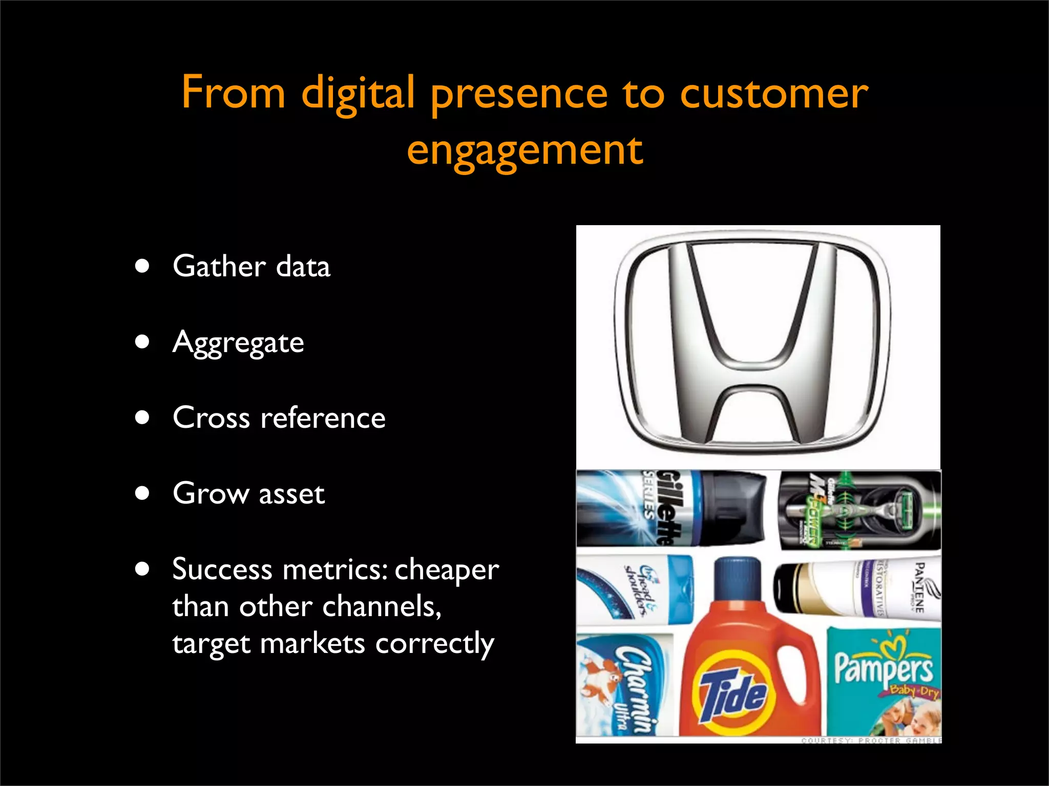 From digital presence to customer
               engagement

•   Gather data

•   Aggregate

•   Cross reference

•   Grow asset

•   Success metrics: cheaper
    than other channels,
    target markets correctly
 