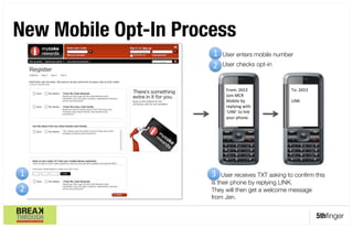 New Mobile Opt-In Process       

                      1' User enters mobile number
                      1.
                      2.
                      2' User checks opt-in'

                           From:'2653'             To:'2653'
                           Join'MCR'               '
                           Mobile'by'              LINK'
                           replying'with'          '
                           ‘LINK’'to'link'
                           your'phone.''




1'                    3'
                      3. User receives TXT asking to conﬁrm this
                      is their phone by replying LINK. 
2'                    They will then get a welcome message
                      from Jen. 


                                                               5thﬁnger
 