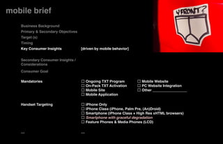 mobile brief"
    Business Background"
    Primary & Secondary Objectives"
    Target (s)"
    Timing"
    Key Consumer Insights"            [driven by mobile behavior]"
                                      "
    Secondary Consumer Insights /
    Considerations"
    Consumer Goal"                    "
                                      "
    Mandatories"                          Ongoing TXT Program"         Mobile Website 
                                          On-Pack TXT Activation"      PC Website Integration"
                                          Mobile Site"                 Other _________________"
                                          Mobile Application "
                                      "
    Handset Targeting"                    iPhone Only"
    "                                     iPhone Class (iPhone, Palm Pre, (An)Droid) "
    "                                     Smartphone (iPhone Class + High Res xHTML browsers)"
    "                                     Smartphone with graceful degradation !
    "                                     Feature Phones & Media Phones (LCD)"
                                      "
    …"                                …"
                                                                                                  5thﬁnger
 