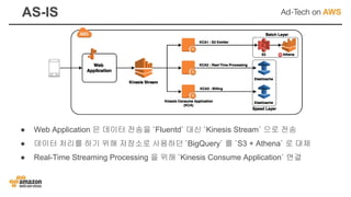 AS-IS
● Web Application 은 데이터 전송을 `Fluentd` 대신 `Kinesis Stream` 으로 전송
● 데이터 처리를 하기 위해 저장소로 사용하던 `BigQuery` 를 `S3 + Athena` 로 대체
● Real-Time Streaming Processing 을 위해 `Kinesis Consume Application` 연결
 