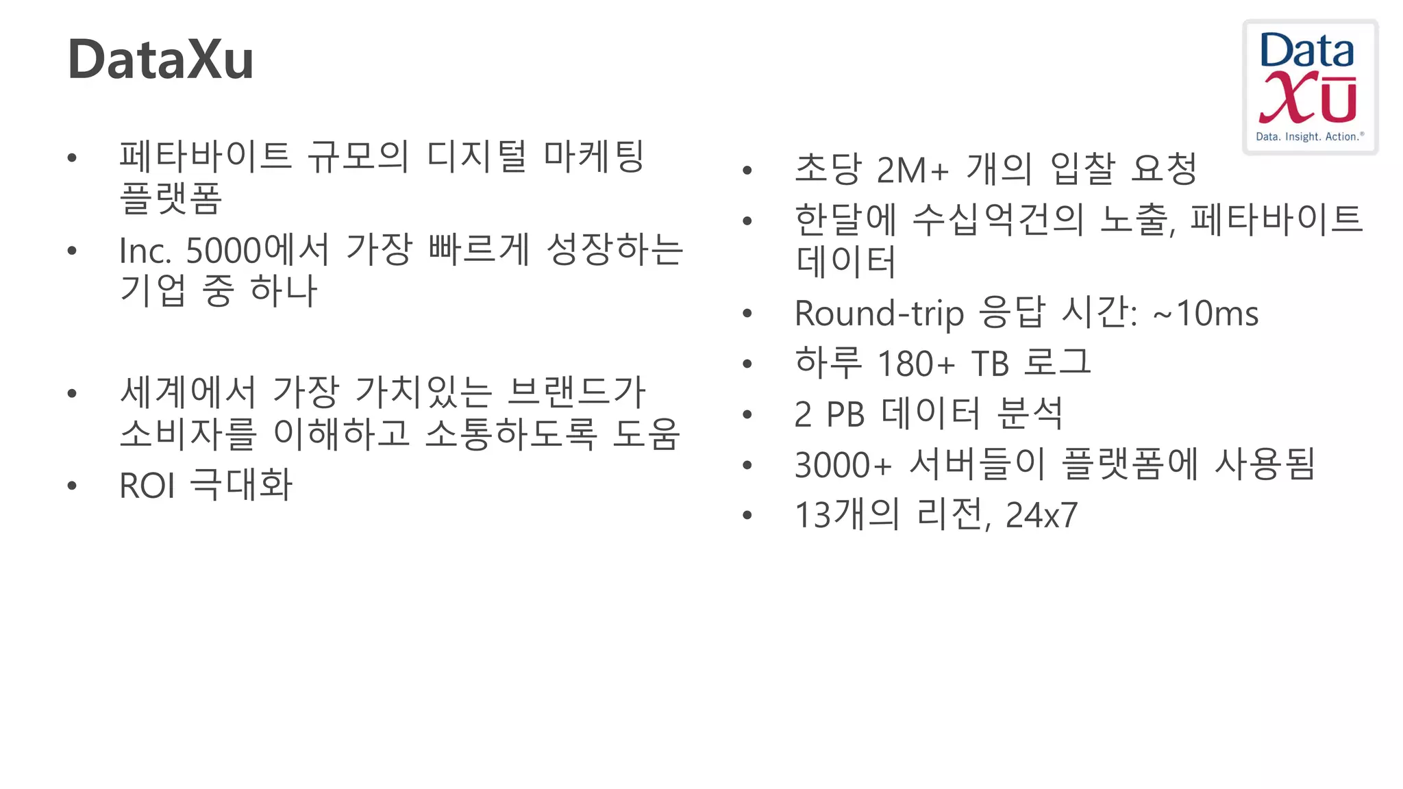 DataXu
• 페타바이트 규모의 디지털 마케팅
플랫폼
• Inc. 5000에서 가장 빠르게 성장하는
기업 중 하나
• 세계에서 가장 가치있는 브랜드가
소비자를 이해하고 소통하도록 도움
• ROI 극대화
• 초당 2M+ 개의 입찰 요청
• 한달에 수십억건의 노출, 페타바이트
데이터
• Round-trip 응답 시간: ~10ms
• 하루 180+ TB 로그
• 2 PB 데이터 분석
• 3000+ 서버들이 플랫폼에 사용됨
• 13개의 리전, 24x7
 