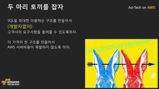 Ad-Tech on AWS두 마리 토끼를 잡자
SQL을 최대한 이용하는 구조를 만들어서
(개발자없이)
고객사의 요구사항을 들어줄 수 있도록하자.
더 가격이 싼 구조를 만들어서
AWS 서버비용이 폭발하지 않도록 하자.
 