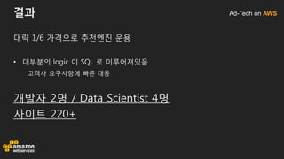 Ad-Tech on AWS결과
대략 1/6 가격으로 추천엔진 운용
• 대부분의 logic 이 SQL 로 이루어져있음
고객사 요구사항에 빠른 대응
개발자 2명 / Data Scientist 4명
사이트 220+
 
