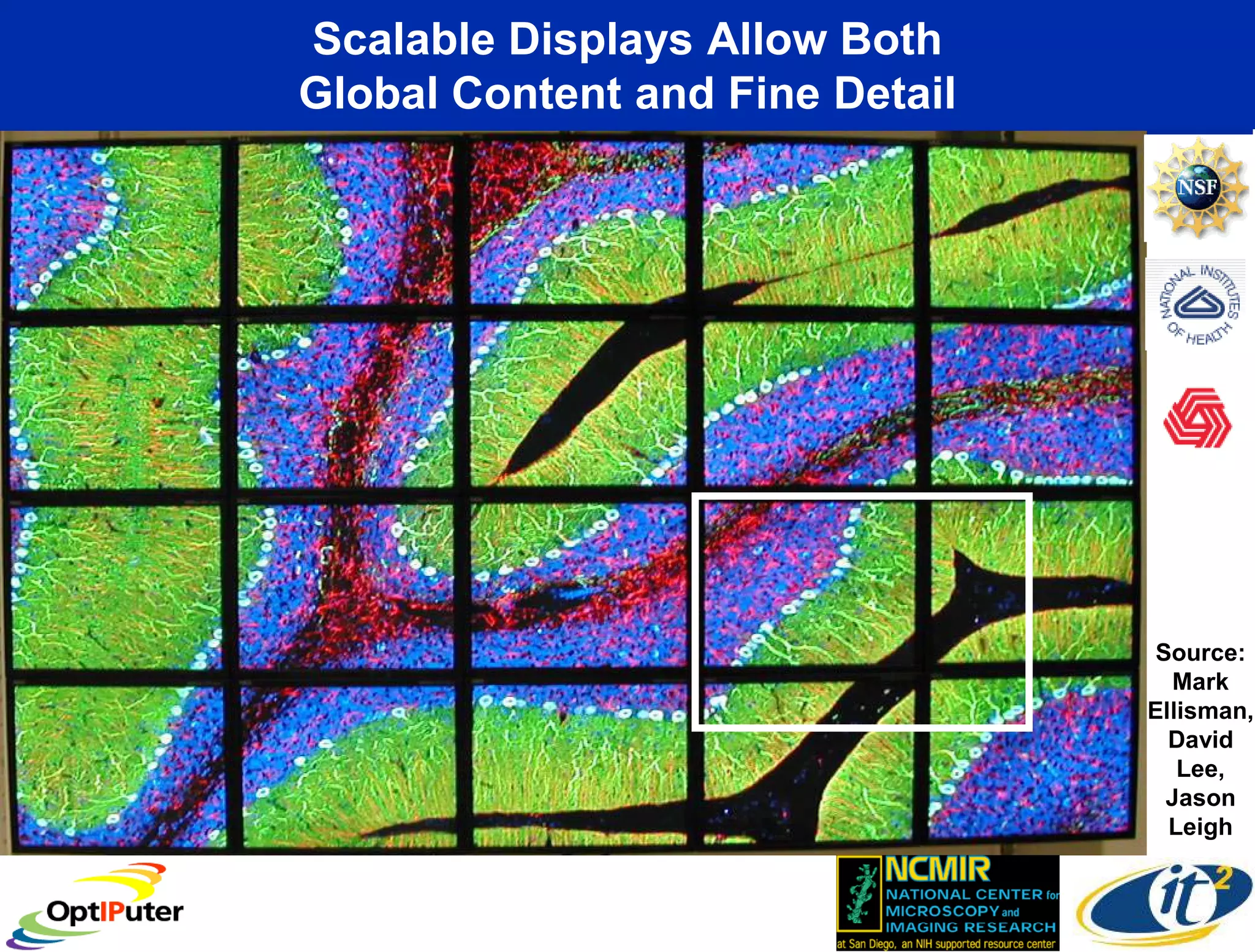 Scalable Displays Allow Both
Global Content and Fine Detail




                                  Source:
                                   Mark
                                 Ellisman,
                                   David
                                    Lee,
                                   Jason
                                   Leigh
 