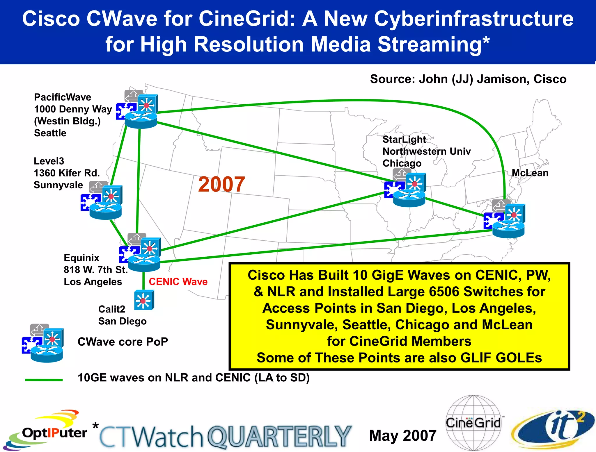 Cisco CWave for CineGrid: A New Cyberinfrastructure
       for High Resolution Media Streaming*
                                                          Source: John (JJ) Jamison, Cisco
 PacificWave
 1000 Denny Way
 (Westin Bldg.)
 Seattle
                                                            StarLight
                                                            Northwestern Univ
 Level3                                                     Chicago
 1360 Kifer Rd.                                                                  McLean
 Sunnyvale                        2007


       Equinix
       818 W. 7th St.
       Los Angeles        CENIC Wave
                                         Cisco Has Built 10 GigE Waves on CENIC, PW,
                                          & NLR and Installed Large 6506 Switches for
              Calit2                       Access Points in San Diego, Los Angeles,
              San Diego                     Sunnyvale, Seattle, Chicago and McLean
          CWave core PoP                            for CineGrid Members
                                          Some of These Points are also GLIF GOLEs
          10GE waves on NLR and CENIC (LA to SD)



             *                                            May 2007
 