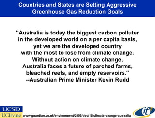 Countries and States are Setting Aggressive
    Greenhouse Gas Reduction Goals


"Australia is today the biggest carbon polluter
 in the developed world on a per capita basis,
        yet we are the developed country
  with the most to lose from climate change.
        Without action on climate change,
   Australia faces a future of parched farms,
     bleached reefs, and empty reservoirs."
     --Australian Prime Minister Kevin Rudd




  www.guardian.co.uk/environment/2008/dec/15/climate-change-australia
 