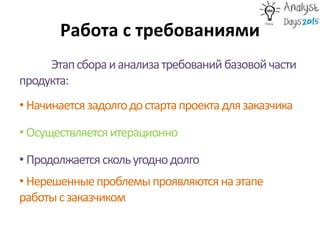 Работа с требованиями
Этапсбораианализатребованийбазовойчасти
продукта:
• Начинаетсязадолгодостартапроектадлязаказчика
• Осуществляетсяитерационно
• Продолжаетсяскольугоднодолго
• Нерешенныепроблемыпроявляютсянаэтапе
работысзаказчиком
 