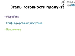 Этапы готовности продукта
• Разработка
• Конфигурирование/настройка
• Наполнение
 