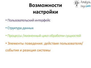 Возможности
настройки
• Пользовательскийинтерфейс
• Структураданных
• Процессы/жизненныйциклобработкисущностей
• Элементы поведения: действия пользователя/
события и реакция системы
 
