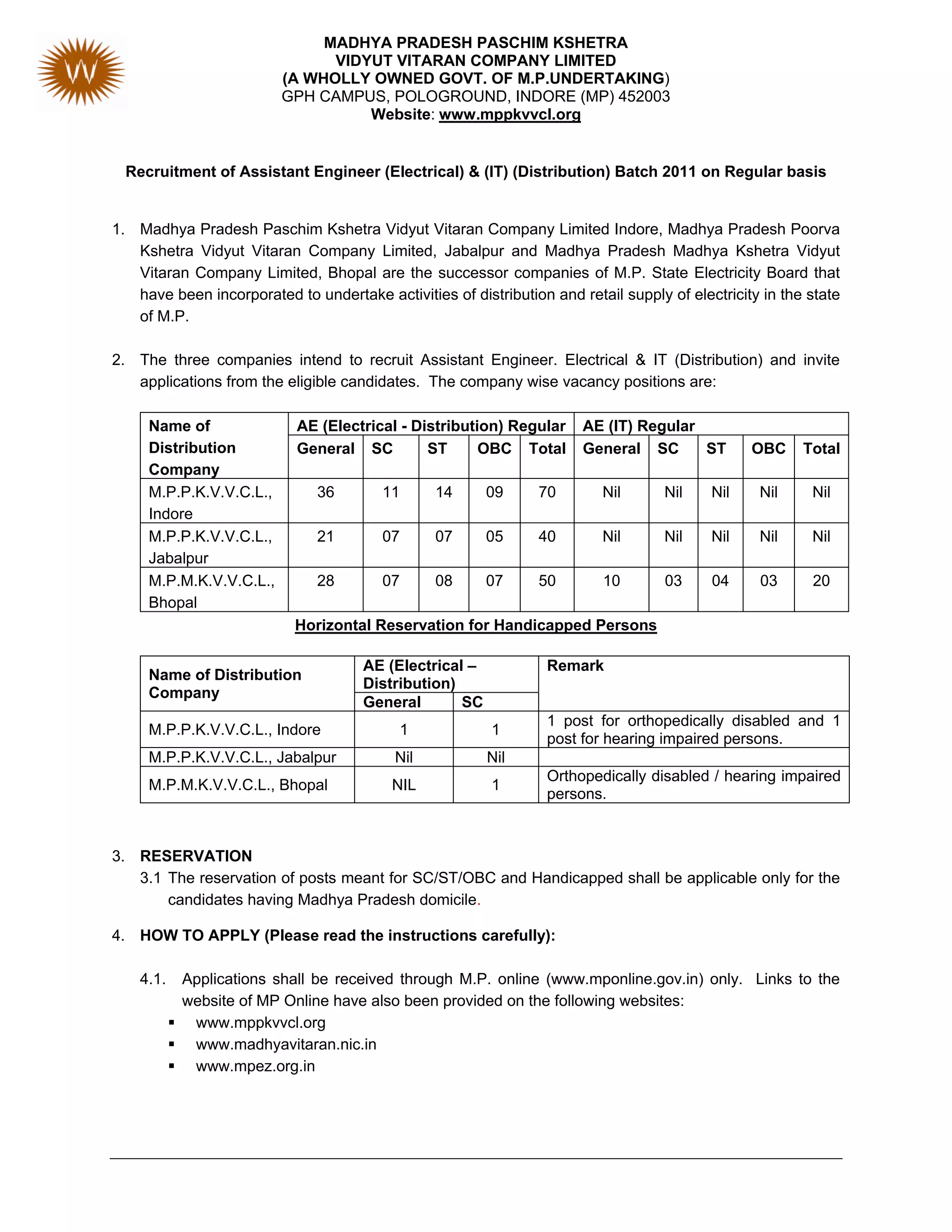MADHYA PRADESH PASCHIM KSHETRA
                               VIDYUT VITARAN COMPANY LIMITED
                         (A WHOLLY OWNED GOVT. OF M.P.UNDERTAKING)
                         GPH CAMPUS, POLOGROUND, INDORE (MP) 452003
                                   Website: www.mppkvvcl.org


  Recruitment of Assistant Engineer (Electrical) & (IT) (Distribution) Batch 2011 on Regular basis


1. Madhya Pradesh Paschim Kshetra Vidyut Vitaran Company Limited Indore, Madhya Pradesh Poorva
   Kshetra Vidyut Vitaran Company Limited, Jabalpur and Madhya Pradesh Madhya Kshetra Vidyut
   Vitaran Company Limited, Bhopal are the successor companies of M.P. State Electricity Board that
   have been incorporated to undertake activities of distribution and retail supply of electricity in the state
   of M.P.

2. The three companies intend to recruit Assistant Engineer. Electrical & IT (Distribution) and invite
   applications from the eligible candidates. The company wise vacancy positions are:

     Name of                AE (Electrical - Distribution) Regular     AE (IT) Regular
     Distribution           General SC         ST      OBC Total       General SC      ST        OBC     Total
     Company
     M.P.P.K.V.V.C.L.,         36        11      14      09      70       Nil       Nil    Nil    Nil     Nil
     Indore
     M.P.P.K.V.V.C.L.,         21        07      07      05      40       Nil       Nil    Nil    Nil     Nil
     Jabalpur
     M.P.M.K.V.V.C.L.,         28        07      08      07      50       10        03     04     03      20
     Bhopal
                           Horizontal Reservation for Handicapped Persons

                                      AE (Electrical –            Remark
     Name of Distribution
                                      Distribution)
     Company
                                      General       SC
                                                                  1 post for orthopedically disabled and 1
     M.P.P.K.V.V.C.L., Indore              1             1
                                                                  post for hearing impaired persons.
     M.P.P.K.V.V.C.L., Jabalpur            Nil           Nil
                                                                  Orthopedically disabled / hearing impaired
     M.P.M.K.V.V.C.L., Bhopal             NIL            1
                                                                  persons.



3. RESERVATION
   3.1 The reservation of posts meant for SC/ST/OBC and Handicapped shall be applicable only for the
       candidates having Madhya Pradesh domicile.

4. HOW TO APPLY (Please read the instructions carefully):

    4.1.   Applications shall be received through M.P. online (www.mponline.gov.in) only. Links to the
           website of MP Online have also been provided on the following websites:
            www.mppkvvcl.org
            www.madhyavitaran.nic.in
            www.mpez.org.in
 