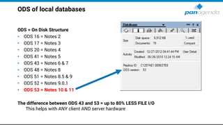 ODS of local databases
ODS = On Disk Structure
• ODS 16 = Notes 2
• ODS 17 = Notes 3
• ODS 20 = Notes 4
• ODS 41 = Notes 5
• ODS 43 = Notes 6 & 7
• ODS 48 = Notes 8
• ODS 51 = Notes 8.5 & 9
• ODS 52 = Notes 9.0.1
• ODS 53 = Notes 10 & 11
The difference between ODS 43 and 53 = up to 80% LESS FILE I/O
This helps with ANY client AND server hardware
 