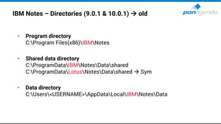 IBM Notes – Directories (9.0.1 & 10.0.1) → old
• Program directory
C:Program Files(x86)IBMNotes
• Shared data directory
C:ProgramDataIBMNotesDatashared
C:ProgramDataLotusNotesDatashared → Sym
• Data directory
C:Users<USERNAME>AppDataLocalIBMNotesData
 