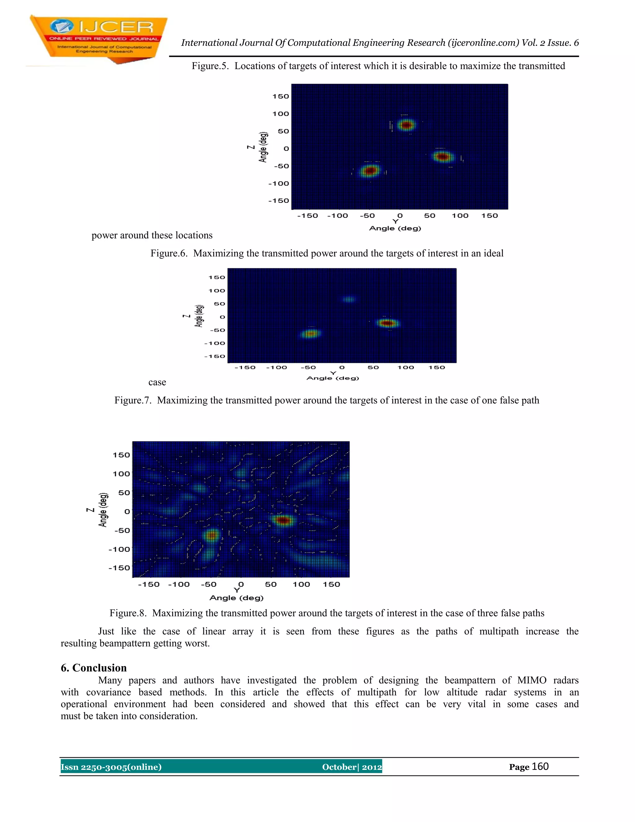 International Journal Of Computational Engineering Research (ijceronline.com) Vol. 2 Issue. 6

                              Figure.5. Locations of targets of interest which it is desirable to maximize the transmitted




      power around these locations
                   Figure.6. Maximizing the transmitted power around the targets of interest in an ideal




                   case
           Figure.7. Maximizing the transmitted power around the targets of interest in the case of one false path




          Figure.8. Maximizing the transmitted power around the targets of interest in the case of three false paths
          Just like the case of linear array it is seen from these figures as the paths of multipath increase the
resulting beampattern getting worst.

6. Conclusion
         Many papers and authors have investigated the problem of designing the beampattern of MIMO radars
with covariance based methods. In this article the effects of multipath for low altitude radar systems in an
operational environment had been considered and showed that this effect can be very vital in some cases and
must be taken into consideration.



Issn 2250-3005(online)                                        October| 2012                                 Page 160
 