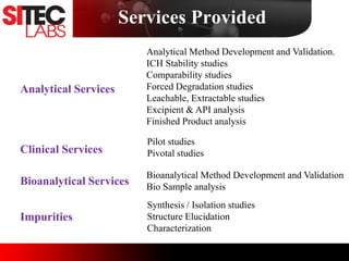Services Provided
Analytical Services
Clinical Services
Bioanalytical Services
Analytical Method Development and Validation.
ICH Stability studies
Comparability studies
Forced Degradation studies
Leachable, Extractable studies
Excipient & API analysis
Finished Product analysis
Pilot studies
Pivotal studies
Bioanalytical Method Development and Validation
Bio Sample analysis
Impurities
Synthesis / Isolation studies
Structure Elucidation
Characterization
 