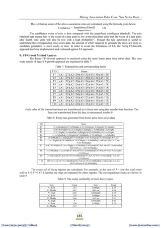 Mining Association Rules From Time Series Data…
185
||Issn||2250-3005|| (Online) ||March||2013|| ||www.ijceronline.com||
The confidence value of the above association rules are calculated using the formula given below:
Confidence =
)a.item(Support
b).itemUa.emSupport(it (2)
The confidence value of rule is then compared with the predefined confidence threshold. The rule
obtained here means that “if the value of a data point is low at the third time units then the value of a data point
after fourth time units will also be low with a high probability”. Though the rule generated is useful to
understand the corresponding time series data, the amount of effort required to generate the rules are more as
candidate generation is more costly in time. In order to avoid the limitations of FA, the Fuzzy FP-Growth
approach has been implemented and evaluated against FA approach.
B. FP-Growth Method Analysis
The Fuzzy FP–Growth approach is analyzed using the same home price time series data. The case
study results of fuzzy FP growth approach are explained in table 7:
Table 7: Transactions and corresponding items
TID Items
T1 (A1:127)(A2:129)(A3:132)(A4:130)(A5:126)
T2 (A1:129)(A2:132)(A3:130)(A4:126)(A5:132)
T3 (A1:132)(A2:130)(A3:126)(A4:132)(A5:129)
T4 (A1:130)(A2:126)(A3:132)(A4:129)(A5:124)
T5 (A1:126)(A2:132)(A3:129)(A4:124)(A5:118)
T6 (A1:132)(A2:129)(A3:124)(A4:118)(A5:121)
T7 (A1:129)(A2:124)(A3:118)(A4:121)(A5:120)
T8 (A1:124)(A2:118)(A3:121)(A4:120)(A5:115)
T9 (A1:118)(A2:121)(A3:120)(A4:115)(A5:113)
T10 (A1:121)(A2:120)(A3:115)(A4:113)(A5:119)
Each value of the transaction items are transformed in to fuzzy sets using this membership function. The
fuzzy set transformed from the data is represented in table 8:
Table 8: Fuzzy sets generated from home price time series data
Tid Items
T1 (1/A1Middle)(0.67/A2Middle+0.33/A2High)(1/A3High)(1/A5Middle)
T2 (0.67/A1Middle+0.33/A1High)(1/A2High) (1/A4Middle)(1/A5High)
T3 (1/A1High)(1/A3Middle)(1/A4High) (0.67/A5Middle+0.33/A5High)
T4 (1/A2Middle)(1/A3High)(0.67/A4Middle+0.33/A4High) (1/A5Middle)
T5 (1/A1Middle)(1/A2High)(0.67/A3Middle+0.33/A3High)(1/A4Middle)(1/A5Low)
T6 (1/A1High)(0.67/A2Middle+0.33/A2High) (1/A3Middle)(1/A4Low) (0.67/A5Low
+0.33/A5Middle)
T7 (0.67/A1Middle+0.33/A1High)(1/A2Middle)(1/A3Low)(0.67/A4Low+0.33/A4Middle)
(0.67/A5Low+ 0.33/A5Middle)
T8 (1/A1Middle)(1/A2Low)(0.67/A3Low+0.33/A3Middle)(0.67/A4Low+0.33/A4Middle)
(1/A5Low)
T9 (1/A1Low)(0.67/A2Low+0.33/A2Middle)(0.67/A3Low+0.33/A3Middle)(1/A4Low)
(1/A5Low)
T10 (0.67/A1Low+0.33/A1Middle)(0.67/A2Low+0.33/A2Middle)(1/A3Low)(1/A4Low)
(0.67/A5Low+0.33/A5Middle)
The counts of all fuzzy regions are calculated. For example, in the case of A1.Low the total count
will be 1+0.67=1.67. Likewise the steps are repeated for other regions. The corresponding results are shown in
table 9.
Table 9: The scalar cardinality of each fuzzy region
Item Count Item Count
A1.Low 1.67 A3.High 2.33
A1.Middle 4.67 A4.Low 4.34
A1.High 2.66 A4.Middle 3.33
A2.Low 2.34 A4.High 1.33
A2.Middle 2.66 A5.Low 5.01
A2.High 4 A5.Middle 3.66
A3.Low 3.34 A5.High 1.33
A3.Middle 3.33 - -
 