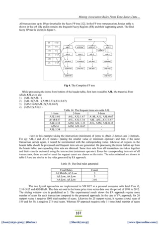 Mining Association Rules From Time Series Data…
187
||Issn||2250-3005|| (Online) ||March||2013|| ||www.ijceronline.com||
All transactions up to 10 are inserted in the fuzzy FP tree [12]. In the FP tree representation, header table is
shown in the left side and it contains the frequent Fuzzy Regions (FR) and their supporting count. The final
fuzzy FP tree is shown in figure 4.
Fig 4: The Complete FP tree
While processing the items from bottom of the header table, first item would be A3L: the traversal from
which A3L exist are:
1) (A4L:3)(A3L:1)
2) (A4L:3)(A5L:1)(A2M:0.33)(A3L:0.67)
3) (A1M:3.67)(A5L:2)(A3L:0.67)
4) (A2M:2)(A3L:1)
Table 14: The frequent item sets with A3L
1-Item 2-Item 3-Item
A5L:5.01 A4L, A3L:1.67 A1M, A5L, A3L:0.67
A1M:4.67 A5L, A3L:1.34 A4L, A5L, A3L:0.67
A4L:4.34 A2M, A3L:1.33 A5L, A2M, A3L:0.33
A2M:4 A1M, A3L:0.67 -
A3L:3.34 - -
Here in this example taking the intersection (minimum) of items to obtain 2-itemset and 3-itemsets.
For eg: A4L:3 and A3L:1 means1 (taking the smaller value or minimum operator) and then if the same
transaction occurs again, it would be incremented with the corresponding value. Likewise all regions in the
header table should be processed and frequent item sets are generated. On processing the items bottom up from
the header table, corresponding item sets are obtained. Same item sets from all transactions are taken together
and their count is evaluated using the intersection (minimum operator). From the corresponding item sets of all
transactions, those exceed or meet the support count are chosen as the rules. The rules obtained are shown in
table 15 and are similar to the rules generated by FA approach.
Table 15: The final rules generated
Final Rules Count
A1.Middle,A5.Low 3
A3.Low, A4.Low 3
A4.Low, A5.Low 3.01
The two hybrid approaches are implemented in VB.NET at a personal computer with Intel Core i3,
2.10 GHZ and 4GB RAM. The data set used is the home price time series data over the period of 1999 to 2012.
The sliding window size is predefined as 5. The experimental result shows the FA approach require more
number of scans for each transaction compared to the proposed approach. In the case of FA approach, for 20
support value it requires 1001 total number of scans. Likewise for 25 support value, it requires a total scan of
539 and for 30, it requires 275 total scans. Whereas FP approach requires only 11 times total number of scans
 