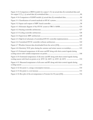 Figure 4-13: Comparison of RFH models for output 1 (Tz) (a) actual data (b) normalized data and
for output 2 (Twret) (c) actual data (d) normalized data...............................................................................86
Figure 4-14: Comparison of GSHP models (a) actual data (b) normalized data....................................86
Figure 5-1: Classification of control methods in HVAC systems.............................................................92
Figure 5-2: Inputs and outputs of MPC based controller..........................................................................98
Figure 6-1: Schematic diagram of the HVAC system at TRCA-ASHB................................................ 124
Figure 6-2: Heating controller architecture............................................................................................... 127
Figure 6-3: Cooling controller architecture............................................................................................... 128
Figure 6-4: Supervisory MPC architecture................................................................................................ 128
Figure 6-5: High level schematic of centralized HVAC controller implementation........................... 141
Figure 6-6: Centralized HVAC controller software architecture........................................................... 142
Figure 6-7: Weather forecast data downloaded from the server [234].................................................. 143
Figure 6-8: Electricity TOU price during the summer and winter season on weekdays.................... 145
Figure 6-9: Estimated temperature of all zones and BT along with their control signals during
cooling season with variable temperature set-points............................................................................... 148
Figure 6-10: Estimated temperature of all zones and BT along with their control signals during
cooling season with fixed set-points at (a) 25 C° (b) 24 C° (c) 23 C° (d) 22 C° ............................... 152
Figure 6-11: Measured temperature of all zones and BT along with their control signals during
cooling season ............................................................................................................................................... 153
Figure 6-12: Set-point vs. energy consumption increase......................................................................... 154
Figure 6-13: Set-point vs. cost increase ..................................................................................................... 155
Figure 6-14: Box plot of the air temperature in Toronto for 50 years [236]........................................ 156
xiii
 
