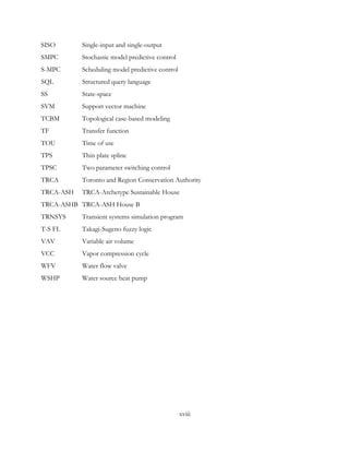 SISO Single-input and single-output
SMPC Stochastic model predictive control
S-MPC Scheduling model predictive control
SQL Structured query language
SS State-space
SVM Support vector machine
TCBM Topological case-based modeling
TF Transfer function
TOU Time of use
TPS Thin plate spline
TPSC Two parameter switching control
TRCA Toronto and Region Conservation Authority
TRCA-ASH TRCA-Archetype Sustainable House
TRCA-ASHB TRCA-ASH House B
TRNSYS Transient systems simulation program
T-S FL Takagi-Sugeno fuzzy logic
VAV Variable air volume
VCC Vapor compression cycle
WFV Water flow valve
WSHP Water source heat pump
xviii
 