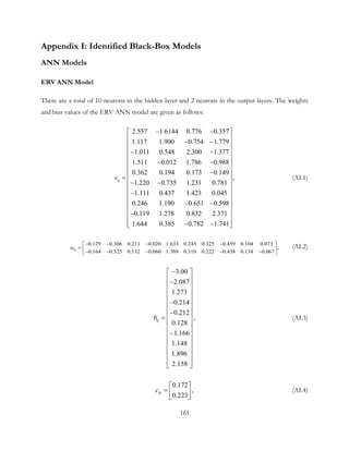 Appendix I: Identified Black-Box Models
ANN Models
ERV ANN Model
There are a total of 10 neurons in the hidden layer and 2 neurons in the output layers. The weights
and bias values of the ERV ANN model are given as follows:
2.557 1.6144 0.776 0.357
1.117 1.900 0.754 1.779
1.011 0.548 2.300 1.377
1.511 0.012 1.786 0.988
0.362 0.194 0.173 0.149
1.220 0.735 1.231 0.781
1.111 0.437 1.423 0.045
0.246 1.190 0.651 0.598
0.119 1.278 0.832 2.371
ijv
− −
− −
− −
− −
−
=
− −
−
− −
−
,
1.644 0.385 0.782 1.741
 
 
 
 
 
 
 
 
 
 
 
 
 
 
 − − 
(AI.1)
0.129 0.306 0.211 0.020 1.633 0.245 0.325 0.459 0.104 0.073
,
0.164 0.325 0.132 0.060 1.769 0.310 0.222 0.438 0.134 0.067
kiw
− − − − 
=  − − − − − 
(AI.2)
3.00
2.087
1.273
0.214
0.212
,
0.128
1.166
1.148
1.896
2.158
ijb
− 
 − 
 
 
− 
 −
=  
 
 −
 
 
 
 
  
(AI.3)
0.172
,
0.223
kic
 
=  
 
(AI.4)
161
 