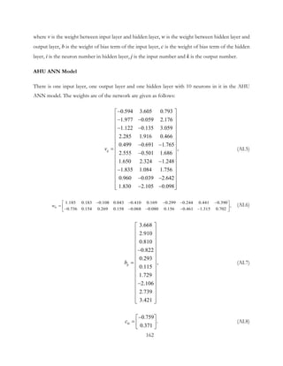 where v is the weight between input layer and hidden layer, w is the weight between hidden layer and
output layer, b is the weight of bias term of the input layer, c is the weight of bias term of the hidden
layer, i is the neuron number in hidden layer, j is the input number and k is the output number.
AHU ANN Model
There is one input layer, one output layer and one hidden layer with 10 neurons in it in the AHU
ANN model. The weights are of the network are given as follows:
0.594 3.605 0.793
1.977 0.059 2.176
1.122 0.135 3.059
2.285 1.916 0.466
0.499 0.691 1.765
2.555 0.501 1.686
1.650 2.324 1.248
1.835 1.084 1.756
0.960 0.039 2.642
1.830 2.105 0.098
ijv
− 
 − − 
 − −
 
 
 − −
=  
− 
 −
 
− 
 − −
 
 − − 
, (AI.5)
1.185 0.183 0.108 0.043 0.410 0.169 0.299 0.244 0.441 0.390
,
0.736 0.154 0.269 0.158 0.068 0.080 0.156 0.461 1.315 0.702
kiw
− − − − − 
=  − − − − − 
(AI.6)
3.668
2.910
0.810
0.822
0.293
,
0.115
1.729
2.106
2.739
3.421
ijb
 
 
 
 
 
− 
 
=  
 
 
 
− 
 
 
  
(AI.7)
0.759
.
0.371
kic
− 
=  
 
(AI.8)
162
 