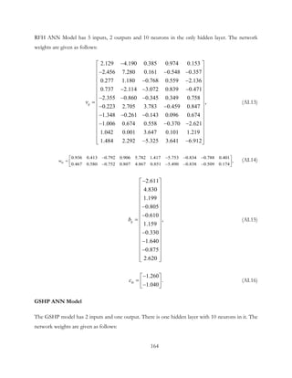 RFH ANN Model has 5 inputs, 2 outputs and 10 neurons in the only hidden layer. The network
weights are given as follows:
2.129 4.190 0.385 0.974 0.153
2.456 7.280 0.161 0.548 0.357
0.277 1.180 0.768 0.559 2.136
0.737 2.114 3.072 0.839 0.471
2.355 0.860 0.345 0.349 0.758
0.223 2.705 3.783 0.459 0.847
1.348 0.261 0.143 0.096 0.674
1.0
ijv
−
− − −
− −
− − −
− − −
=
− −
− − −
−
,
06 0.674 0.558 0.370 2.621
1.042 0.001 3.647 0.101 1.219
1.484 2.292 5.325 3.641 6.912
 
 
 
 
 
 
 
 
 
 
 
− − 
 
 
 − − 
(AI.13)
0.936 0.413 0.792 0.906 5.782 1.417 5.753 0.834 0.788 0.401
,
0.467 0.580 0.752 0.807 4.867 0.851 5.490 0.838 0.509 0.174
kiw
− − − − 
=  − − − − 
(AI.14)
2.611
4.830
1.199
0.805
0.610
,
1.159
0.330
1.640
0.875
2.620
ijb
− 
 
 
 
 
− 
 −
=  
 
 −
 
− 
 −
 
  
(AI.15)
1.260
.
1.040
kic
− 
=  − 
(AI.16)
GSHP ANN Model
The GSHP model has 2 inputs and one output. There is one hidden layer with 10 neurons in it. The
network weights are given as follows:
164
 