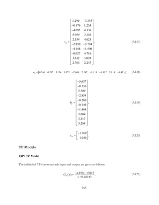 1.290 3.335
0.176 1.203
4.095 4.336
5.959 3.303
2.554 4.025
,
2.850 3.704
4.188 1.500
0.027 4.716
3.632 3.028
2.764 2.247
ijv
− 
 − 
 −
 
 
 
=  
− − 
 − −
 
− 
 
 
  
(AI.17)
[ ]0.266 0.707 3.154 3.072 2.069 2.587 1.119 0.997 2.119 1.455 ,kiw= − − − − (AI.18)
5.637
0.536
5.309
2.854
0.260
,
0.149
1.484
2.084
3.317
5.284
ijb
− 
 − 
 
 
− 
 −
=  
− 
 −
 
 
 
 
  
(AI.19)
1.260
.
1.040
kic
− 
=  − 
(AI.20)
TF Models
ERV TF Model
The individual TFs between each input and output are given as follows:
( )11
2.493 5.017
,
0.02343
s
G s
s
− −
=
+
(AI.21)
165
 