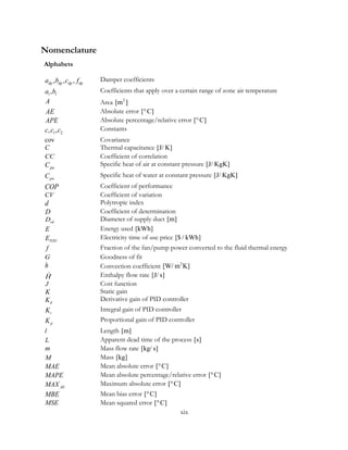 Nomenclature
Alphabets
, , ,dp dp dp dpa b c f Damper coefficients
1 1, a b Coefficients that apply over a certain range of zone air temperature
A Area 2
[m ]
AE Absolute error [ C]°
APE Absolute percentage/relative error [ C]°
1 2, , c c c Constants
cov Covariance
C Thermal capacitance [J/ K]
CC Coefficient of correlation
paC Specific heat of air at constant pressure [J/ KgK]
pwC Specific heat of water at constant pressure [J/ KgK]
COP Coefficient of performance
CV Coefficient of variation
d Polytropic index
D Coefficient of determination
sdD Diameter of supply duct [m]
E Energy used [kWh]
TOUE Electricity time of use price [$ / kWh]
f Fraction of the fan/pump power converted to the fluid thermal energy
G Goodness of fit
h Convection coefficient 2
[W/ m K]
H Enthalpy flow rate [J/ s]
J Cost function
K Static gain
dK Derivative gain of PID controller
iK Integral gain of PID controller
pK Proportional gain of PID controller
l Length [m]
L Apparent dead time of the process [s]
m Mass flow rate [kg/ s]
M Mass [kg]
MAE Mean absolute error [ C]°
MAPE Mean absolute percentage/relative error [ C]°
AEMAX Maximum absolute error [ C]°
MBE Mean bias error [ C]°
MSE Mean squared error [ C]°
xix
 