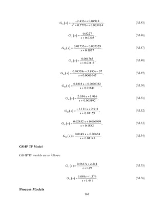 ( )11 2
2.433 0.04918
,
0.7776 0.003914
s
G s
s s
− +
=
+ +
(AI.45)
( )12
0.8227
,
0.0305
G s
s
=
+
(AI.46)
( )21
0.01755 0.002329
,
0.1837
s
G s
s
−
=
+
(AI.47)
( )22
0.001765
,
0.03413
G s
s
=
+
(AI.48)
( )31
0.08538 5.885 07
,
0.0001047
s e
G s
s
+ −
=
+
(AI.49)
( )32
0.1818  s  0.0006382
,
s  0.01841
G s
−
=
+
(AI.50)
( )41
2.034 s  1  .916
,
s  0.005192
G s
+
=
+
(AI.51)
( )42
1.111  s  2.911
,
s  0.01159
G s
− +
=
+
(AI.52)
( )51
0.02452  s  0.006999
,
s  0.1882
G s
+
=
+
(AI.53)
( )52
0.0149  s  0.00624
.
s  0.01145
G s
+
=
+
(AI.54)
GSHP TF Model
GSHP TF models are as follows:
( )11
0.5837 2.314
,
1.29
s
G s
s
+
=
+
(AI.55)
( )21
1.089 1.376
.
1.441
s
G s
s
+
=
+
(AI.56)
Process Models
168
 