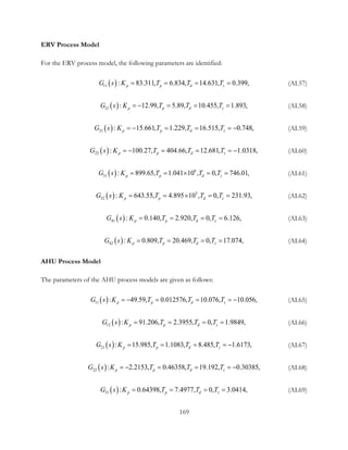 ERV Process Model
For the ERV process model, the following parameters are identified:
( )11 : 83.311, 6.834, 14.631, 0.399,p p d zG s K T T T= = = = (AI.57)
( )12 : 12.99,  5.89, 10.455, 1.893,p p d zG s K T T T=− == = (AI.58)
( )21 : 15.661, 1.229, 16.515,  0.748,p p d zG s K T T T=− == =− (AI.59)
( )22 : 100.27, 404.66, 12.681,  1.0318,p p d zG s K T T T=− = = =− (AI.60)
( ) 6
31 : 899.65, 1.041 10 , 0, 746.01,p p d zG s K T T T= = × = = (AI.61)
( ) 5
32 : 643.55, 4.895 10 , 0, 231.93,p p d zG s K T T T= = × = = (AI.62)
( )41 : 0.140, 2.920, 0, 6.126,p p d zG s K T T T= = = = (AI.63)
( )42 : 0.809,  20.469,  0, 17.074,p p d zG s K T T T= = = = (AI.64)
AHU Process Model
The parameters of the AHU process models are given as follows:
( )11  :  49.59,  0.012576,  10.076,  10.056,p p d zG s K T T T=− = = =− (AI.65)
( )12  :  91.206,  2.3955,  0,  1.9849,p p d zG s K T T T= = = = (AI.66)
( )21  :  15.985,  1.1083,  8.485,  1.6173,p p d zG s K T T T= = = = − (AI.67)
( )22  :  2.2153,  0.46358,  19.192,  0.30385,p p d zG s K T T T=− = = =− (AI.68)
( )31  :  0.64398,  7.4977,  0,  3.0414,p p d zG s K T T T= = = = (AI.69)
169
 