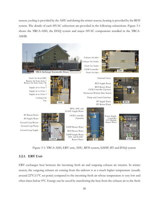 season, cooling is provided by the AHU and during the winter season, heating is provided by the RFH
system. The details of each HVAC subsystem are provided in the following subsections. Figure 3-1
shows the TRCA-ASH, the DAQ system and major HVAC components installed in the TRCA-
ASHB.
Power Supply
Controller
I/O Module
Sensor Wires
Exhaust Air Inlet
ERV
Fresh Air Outlet
Exhaust Air Outlet
Fresh Air Inlet
OEM Controller
BT
GSHP Supply Water
GSHP Return Water
RFH, AHU and
ILAHU Supply Water
RFH Return Water
OEM Controller
(Aquastat)
AHU and ILAHU
Return Water
Ground Loop Pump
GSHP
Ground Loop Return
Ground Loop Supply
BT Supply Water
BT Return Water
RFH Supply Water
RFH Return Water
OEM Controller (Uponor)
Pump and Control Interface
BT Supply Water
BT Return Water
Thermostat Wireless Base Station
Solenoid Valves
TRCA Archetype Sustainable House
Fan
AHU
Return Air from Zone 1
Cooling Coil
Fresh Air from ERV
Return Air from Zone 2 &
3
Supply air to Zone 3
Supply air to Zone 1
Supply air to Zone 2
RFH
DAQ
Figure 3-1: TRCA-ASH, ERV unit, AHU, RFH system, GSHP, BT and DAQ system
3.2.1. ERV Unit
ERV exchanges heat between the incoming fresh air and outgoing exhaust air streams. In winter
season, the outgoing exhaust air coming from the indoors is at a much higher temperature (usually
around 22°C±1°C set-point) compared to the incoming fresh air whose temperature is very low and
often times below 0°C. Energy can be saved by transferring the heat from the exhaust air to the fresh
38
 