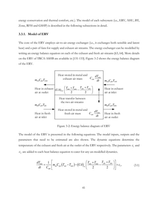 energy conservation and thermal comfort, etc.). The model of each subsystem (i.e., ERV, AHU, BT,
Zone, RFH and GSHP) is described in the following subsections in detail.
3.3.1. Model of ERV
The core of the ERV employs air-to-air energy exchanger (i.e., it exchanges both sensible and latent
heat) and a pair of fans for supply and exhaust air streams. The energy exchanger can be modelled by
writing an energy balance equation on each of the exhaust and fresh air streams [63, 64]. More details
on the ERV of TRCA-ASHB are available in [131-133]. Figure 3-2 shows the energy balance diagram
of the ERV.
meaCpaTeao
mfaCpaTfai
meaCpaTeai
mfaCpaTfao
Heat stored in metal and
exhaust air mass
( )
2 2
fai faoeai eao
CC
T TT T
UA
+ +
− 
 
eao
am
dT
C
dt
eao
am
dT
C
dt
Heat stored in metal and
fresh air mass
Heat transfer between
the two air streams
Heat in exhaust
air at outlet
Heat in fresh
air at inlet
Heat in exhaust
air at inlet
Heat in fresh
air at outlet
Figure 3-2: Energy balance diagram of ERV
The model of the ERV is presented in the following equations. The model inputs, outputs and the
parameters that need to be estimated are also shown. The dynamic equations determine the
temperature of the exhaust and fresh air at the outlet of the ERV respectively. The parameters 1c and
2c are added to each heat balance equation to cater for any un-modelled dynamics.
( ) ( ) 1
1
2
,
2
fai faoeao eai eao
ea pa eai eao cc
am
T TdT T T
m C T T UA c
dt C
 +  +
= − − − +  
  
(3.1)
41
 
