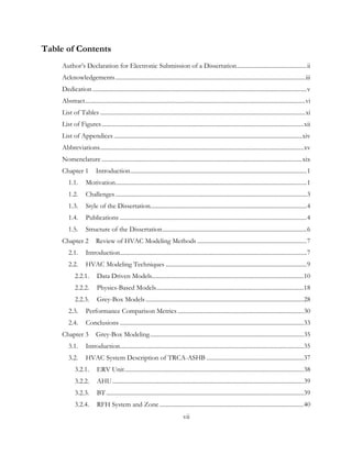 Table of Contents
Author’s Declaration for Electronic Submission of a Dissertation..............................................ii
Acknowledgements.............................................................................................................................iii
Dedication.............................................................................................................................................v
Abstract.................................................................................................................................................vi
List of Tables .......................................................................................................................................xi
List of Figures.....................................................................................................................................xii
List of Appendices ............................................................................................................................xiv
Abbreviations......................................................................................................................................xv
Nomenclature ....................................................................................................................................xix
Chapter 1 Introduction....................................................................................................................1
1.1. Motivation..............................................................................................................................1
1.2. Challenges..............................................................................................................................3
1.3. Style of the Dissertation.......................................................................................................4
1.4. Publications ...........................................................................................................................4
1.5. Structure of the Dissertation...............................................................................................6
Chapter 2 Review of HVAC Modeling Methods ........................................................................7
2.1. Introduction...........................................................................................................................7
2.2. HVAC Modeling Techniques .............................................................................................9
2.2.1. Data Driven Models....................................................................................................10
2.2.2. Physics-Based Models.................................................................................................18
2.2.3. Grey-Box Models ........................................................................................................28
2.3. Performance Comparison Metrics ...................................................................................30
2.4. Conclusions .........................................................................................................................33
Chapter 3 Grey-Box Modeling.....................................................................................................35
3.1. Introduction.........................................................................................................................35
3.2. HVAC System Description of TRCA-ASHB ................................................................37
3.2.1. ERV Unit......................................................................................................................38
3.2.2. AHU..............................................................................................................................39
3.2.3. BT..................................................................................................................................39
3.2.4. RFH System and Zone...............................................................................................40
vii
 