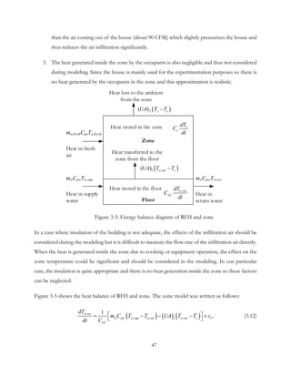 than the air coming out of the house (about 90 CFM) which slightly pressurizes the house and
thus reduces the air infiltration significantly.
3. The heat generated inside the zone by the occupants is also negligible and thus not considered
during modeling. Since the house is mainly used for the experimentation purposes so there is
no heat generated by the occupants in the zone and this approximation is realistic.
ma,freshCpaTa,fresh
mwCpwTw,sup mwCpwTw,ret
Heat stored in the zone
Heat stored in the floor
Heat in fresh
air
Heat in supply
water
Heat in
return waterFloor
,w ret
wf
dT
C
dt
( )1 ,( ) w ret zUA T T−
z
z
dT
C
dt
Zone
Heat transferred to the
zone from the floor
( )2( ) z oUA T T−
Heat lost to the ambient
from the zone
Figure 3-5: Energy balance diagram of RFH and zone
In a case where insulation of the building is not adequate, the effects of the infiltration air should be
considered during the modeling but it is difficult to measure the flow rate of the infiltration air directly.
When the heat is generated inside the zone due to cooking or equipment operation, the effect on the
zone temperature could be significant and should be considered in the modeling. In our particular
case, the insulation is quite appropriate and there is no heat generation inside the zone so these factors
can be neglected.
Figure 3-5 shows the heat balance of RFH and zone. The zone model was written as follows:
( ) ( ) ( ),
, , , 11
1
,w ret
w pw w sup w ret w ret z
wf
dT
m C T T UA T T c
dt C
 = − − − +  (3.12)
47
 