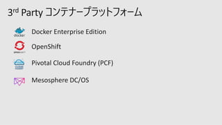 Docker Enterprise Edition
OpenShift
Mesosphere DC/OS
Pivotal Cloud Foundry (PCF)
 